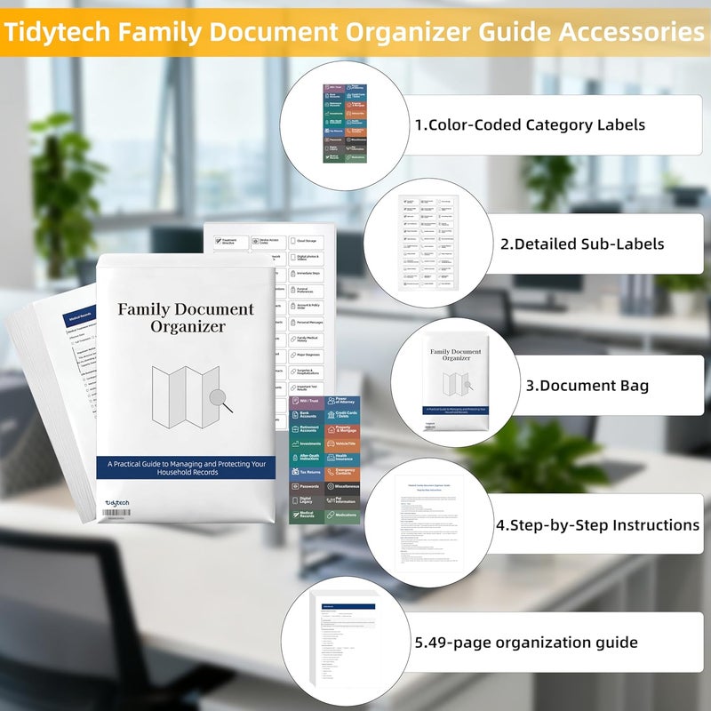 TIDY TECH Deluxe Pro Large Next of Kin Box Organizer with 50-Page Family Document Guide, Fireproof Foldable File Organizer with Combination Lock, 10 Hanging Files and 115 Category Labels (15.7"L×12.2"W×10.6"H) - Image 5